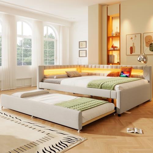 Huayz Schlafsofa Tagesbett 140x200 cm mit Fernbedienbare LED Licht und USB Type-C, Schlafcouch mit Ausziehbett 90x190 cm, Sofa Bett Bettgestell mit Lattenrost, Linen,Ohne Matratze
