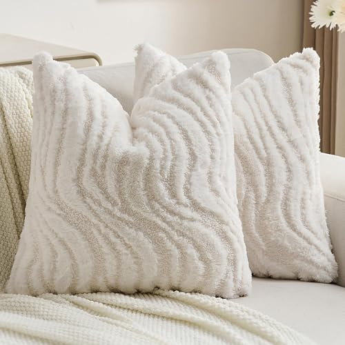Ystyle Federe Cuscini Divano 40 x 40 cm Set da 2, Copricuscini in Morbido Peluche a righe, Fodere Cuscini Moderni Elegante Decorativi, Resistente per Divano Soggiorno Camera, Bianco