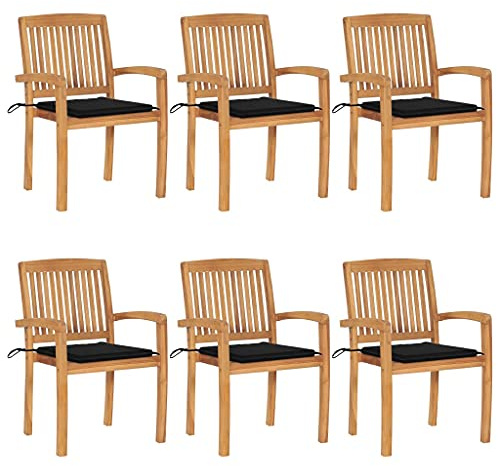 HaoChrymec Stapelbare Gartenstühle mit Kissen, 6 STK. Massivholz Teak, Stapelstuhl Garten, Gartenmöbel Set, Relaxsessel Garten, Balkon Stuhl, Witterungsbeständig, Schwarz, 60 x 57.5 x 90 cm