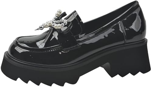 Wtharosa Mocasines con Plataforma Gótica Mujer de Cuero Negro Patentado Punta Redonda Zapatos Slip On con Suela de Tacos Gruesa Calzado de Vestir de Inspiración Mary Jane,Blacka,37 EU