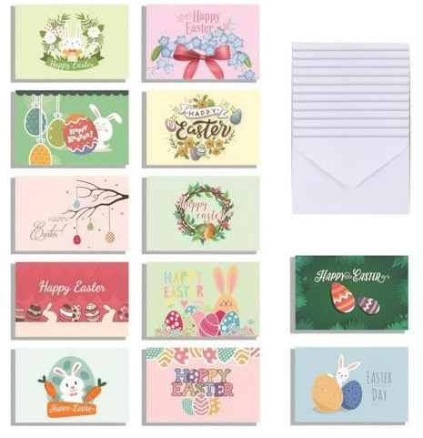 LZPLJLWS Set di Cartoline di Pasqua, 12 Biglietti Auguri con Enveloppi e Adesivi, Design Colorati con Coniglietti, Fiori e Farfalle – Perfetto per Regali e Auguri Pasquali