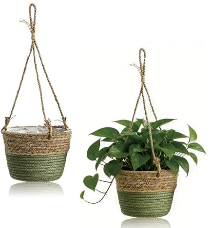 SRVAXZN Blumentopf Hängend Seagrass, 2 Stück Blumenampel Hängende Seagrass Pflanzenkorb 20cm Blumentöpfe Hängend Handgewebter Blumenampel mit Langem Hängendem Seil für Innen Außen