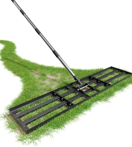 Gräsmatta 114 x 25 cm justerbar bredd), gräsmatta nivelleringsräka med extra lång upp till 2 meter långt metallhandtag, mycket tålig Gardena kratta, enkel sandkratta för trädgård, golf och bakgård