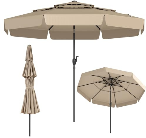 COSTWAY Sonnenschirm 300 cm, 3-stöckiger Gartenschirm mit Kurbel und Volant, beidseitig um 35° knickbar, Terrassenschirm windfest stabil, Marktschirm für Garten, Balkon (Beige)