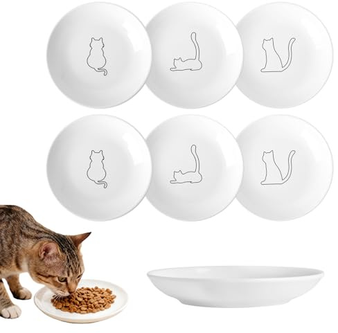 6 Stück Ø 15cm Futternapf Katze Keramik, Cat Pattern katzennapf Keramik Hochwertige, Flaches Design Katzennapf Flach Katzenschüssel für Futter und Wasser, für Katzen und Kleintiere, Weiss