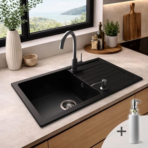 TOP! + Armatur - LINDBERGH® 77x44 Granit Spüle + kompl. Siphon und Seifenspender, Einbauspüle Küchenspüle Spülbecken - Verbundstoffe MADE IN GERMANY (4. Spüle PRO11 Schwarz + Armatur 1-Helia)