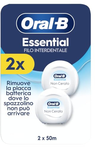 Oral-B Filo Interdentale Non Cerato Essential Floss, Neutro 2x50m | Rimuove la Placca - Non Cerato per Spazi Stretti - Resistente allo sfilacciamento - Sapore Neutro, Confezione da 12x50m