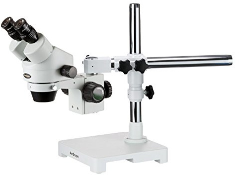 AmScope SM-3BX Professional Binocular Stereo Zoom Microscope, WH10x Eyepieces, 3.5X-45X Magnification, 0.7X-4.5X Zoom Objective, Ambient Lighting, Single-Arm Boom Stand, Includes 0.5x Barlow Lens