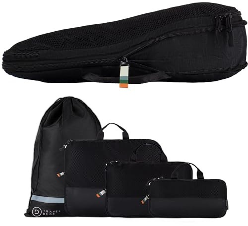 TRAVEL DUDE Organizador Maleta con Compresión – Packing Cubes de Viaje, Bolsas Organizadoras Maleta para Ropa, Organizadores de Maletas y Mochila de Viaje (Negro, 4 piezas)