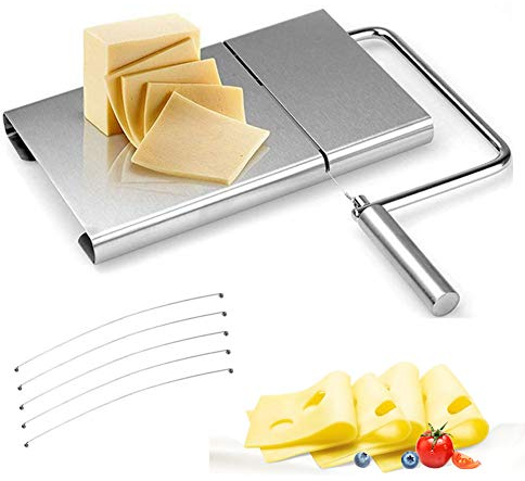 Stainless Steel Wire Cheese Slicer: Cheese Cutter with Board and 5 Replacement Wires - for Semi Hard Cheese Butter Sausage