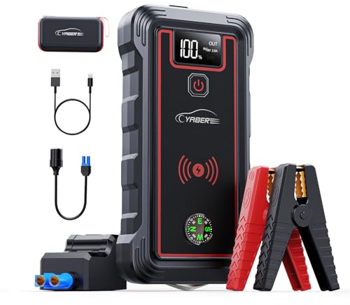YABER Arrancador de Coches, 23800mAh 3500A Arrancador de Baterias de Coche (para Todo vehículo de Gasolina o 8.0L de Diesel), con Cargador Inalámbrico y Linterna LED, Brújula, Martillo de Seguridad