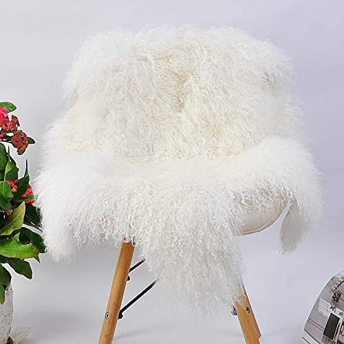 Genuine Tibetan Mongolian Sheepskin Area Rugs Long Wool Frizzy Hair Hide Fur Pelt Mat Carpet Throw for Bedroom, Living Room，Home Decor 2'x3'