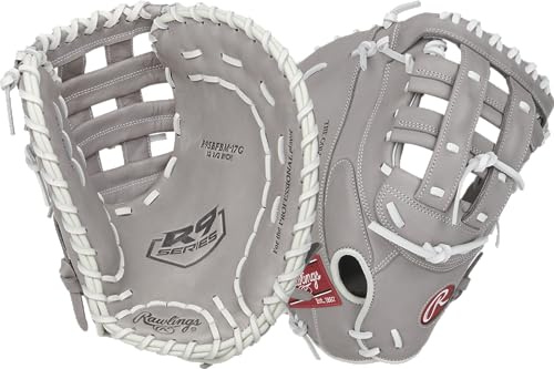 Rawlings R9 Series Fastpitch Softball-Handschuh | First Base Mitt | Modified Pro H-Web | Grau | 32,5 cm | RHT