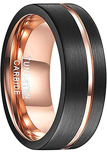 Vakki 8mm Wolfram Ring für Herren, Dünne Rille, Schwarz-Roségold Zweifarbig Ringe für Hochzeit und Alltag, Komfortpassform, Abgeschrägte Kanten, Größe 62(19.7)