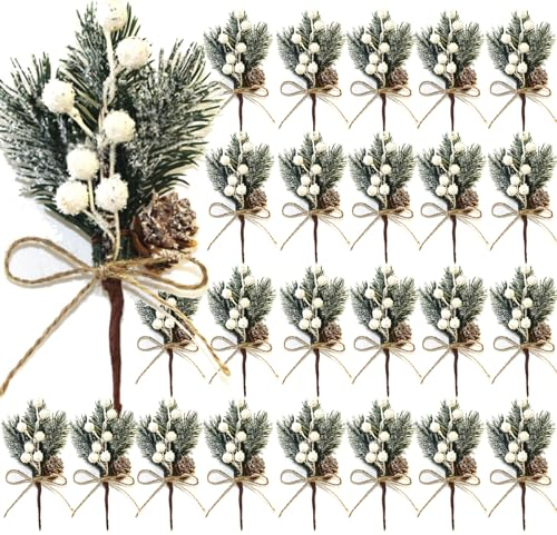 DEDEMCO Künstliche Kieferspieße mit weißen Beeren-Tannenzapfen, künstliche Blumenzweige, Blumenstiele, Ornamente, Kunsthandwerk, Kranz, für Hochzeit, Garten, Weihnachtsbaum, DIY-Dekorationen, 20 Stück