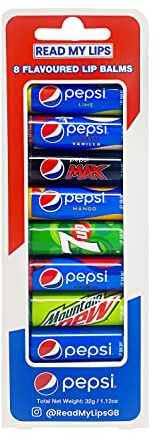 READ MY LIPS Lippenbalsam-Set mit Pepsi-Geschmack – formuliert mit Bienenwachs – lustige Partytütenfüller oder Weihnachtsstrumpffüller – tierversuchsfrei – Party-Set mit 8 aufregenden