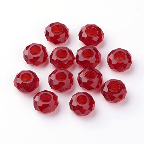 Fashewelry 100pcs Glass European Beads Dark Red Crystal Large Hole Faceted Loose Spacer Beads No Metal Core 14x8mm for Jewellery Making Hole: 5mm