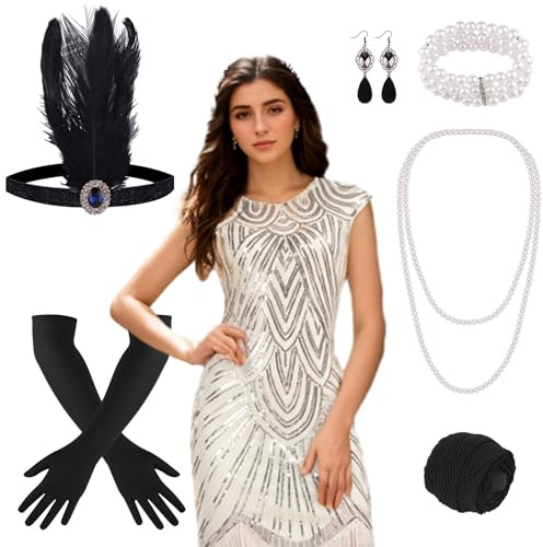 PLULON 1920s Dresses for Women, Sequin Fringed Gatsby Flapper Cocktail Dresses with 20s Accessories Set, Roaring 20s Costumes