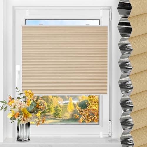 TFSKY Wabenplissee Plissee ohne Bohren Verdunkelung Klemmfix Zweifarbigz Weiß-Beige B80 x H130 cm Plissees Thermo Doppelplissee Verdunkelnd Verdunklungsplissee Sonnen- & Schallschutz für Fenster