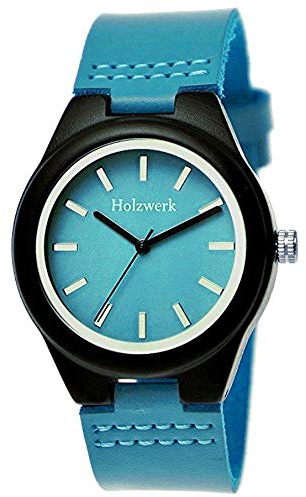 Handgefertigte Holzwerk Germany® Designer Damen-Uhr Öko Natur Holz-Uhr Leder Armband-Uhr Analog Klassisch Quarz-Uhr in Blau Türkis Braun (Damen-Türkis.Braun.-)