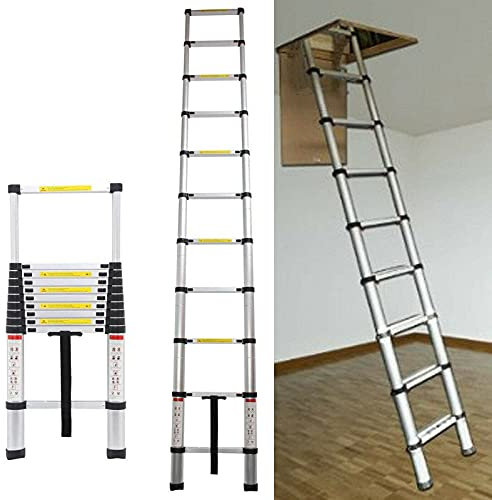 Escalera telescópica de 3,2 m de Aluminio, Escalera Extensible con 11 peldaños, Escalera de Loft, Escalera Multiusos, Capacidad de Carga de 150 kg, EN131