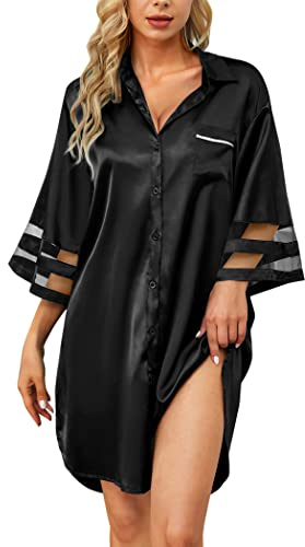 HBZDQB Nightgown for Women Satin Button Down Sleepwear Casual Nightshirt Cute Sleeping Gowns Nightwear Black L