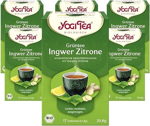 Yogi Tea Grüntee Ingwer Zitrone, 6x17 Beutel (102 Teebeutel) | Ayurvedischer Bio Gewürz- und Kräutertee, Mischung aus Grünem Tee, Ingwer und Zitrone, Ideal als Geschenk