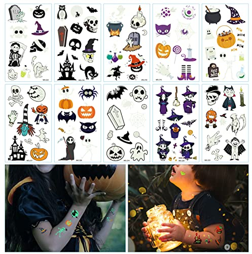 10 Stück Halloween Gesichts Tattoo, Halloween Temporäre Tattoos, für Kinder Wasserdicht Leuchtendes Halloween Make-up auf Gesicht Arm Körper
