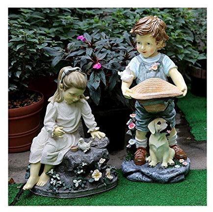 WANWEN Gartenskulpturen Harzskulpturen für Jungen und Mädchen, Gartendekoration, Gartenornamente für den Außenbereich (Paar) Little Surprise