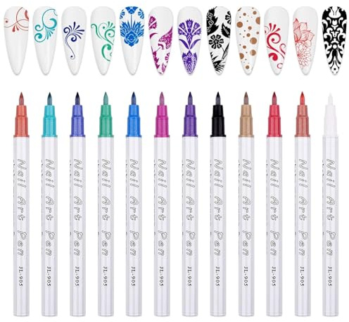 12 Farben 3D Nagelkunststift Set, Kalolary Nagelspitze Nail Art Pen | Graffiti-Punktierungsstift Pinsel für DIY Nagelkunst, Schönheit, Schmuck, Maniküre Werkzeuge (Metallisches Pulver)