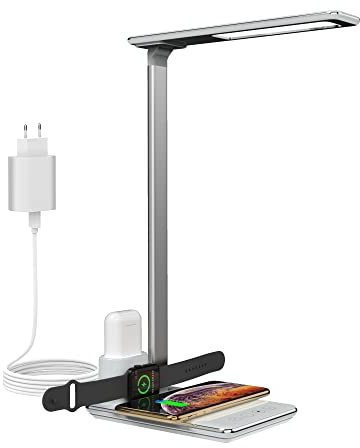 RealPower ChargeAIR All Light Schreibtischlampe mit QI Ladefunktion 10W Wireless, 5W dimmbar LED Tischleuchte 4 Farbtemperaturen, Faltbare Tischlampe, lädt Apple Watch, AirPod Charger inkl. Netzteil