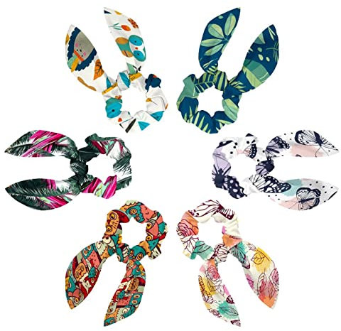 6PCS Hair Scarf Scruncheis for Women Girls, Ribbon Bow Elastic Hair Ties Bands Satin Hair Ribbon Scrunchy Ponytail Holder Accessories,Tropical Palm Green Plants Exotic Leaves