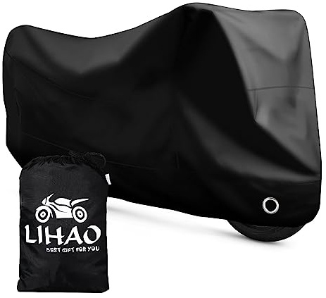 LIHAO Motorcycle Cover, Waterproof Motorbike Cover Outdoor Motorcycle Shelter Rain Dust UV Protector with Lock-Hole & Storage Bag, 300D, All Weather
