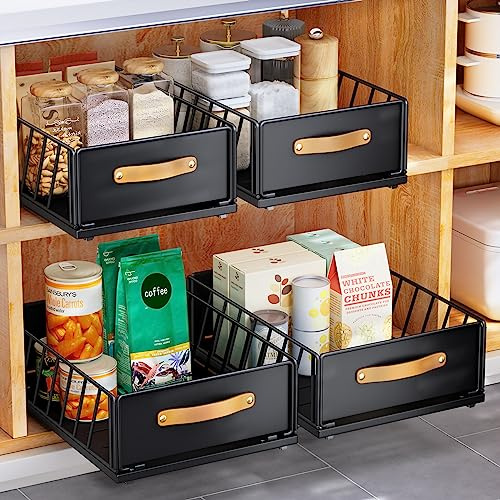 Pull out Cabinet Organizer Fixed with Adhesive Nano Film,Heavy Duty Slide out Pantry Shelves Drawer Storage,Sliding Mesh Cabinet Basket with Handle for Kitchen, Bathroom,Home, 11.8W X15.7D X6.2H