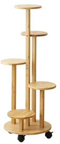 Kingbar Blumenständer Bambus Mit Rollen, 90CM 5 Etagen Hölzern Blumenregal Pflanzenregal, Pflanzenständer Blumentöpfe Organizer Für Outdoor-Balkon Garten, A