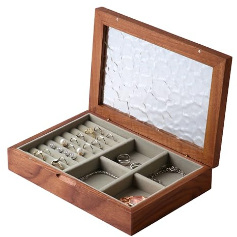EURIELK Wooden Jewelry Box for Women, Medium Size Natural Solid Walnut Wood Girls Vintage Trinket Organizer with Large Storage, Ring Compartments, Built in Necklace Hooks, Glass Lid, ek06-m-walnut