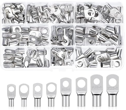 DRELD 120 Stück Kabelschuhe Set, Ringkabelschuh Kupferklemmen 6mm² 10mm² 16mm² 25mm², M6 M8 Verzinnt Kupfer Ringkabelschuhe Set, Kupferklemmen für Kfz Auto Motorad Boote