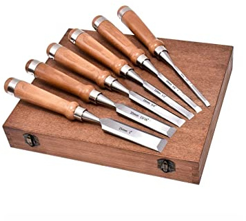 ArhaR Juego de 6 cinceles de Madera para carpintería de Acero crvs con Mango de Nogal, Caja Premium de Madera para Artesanos de carpintería (Juego de 6 cinceles Planos con Caja)