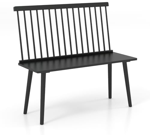 Giantex Dining Bench with Back, Black Windsor Bench with Spindle Back & Anti-Slip Foot Pads, Farmhouse Rubber Wood Dining Bench, Indoor Wooden Entryway Bench for Living Room, Dining Room, Hallway