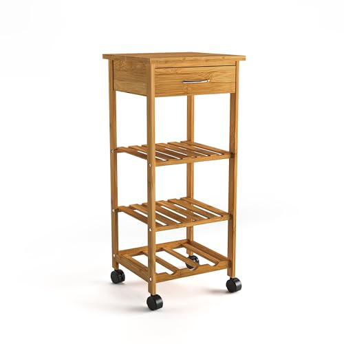 HOMES: Inside + Out Lexa Contemporary Bamboo Kitchen Cart, Storage Trolley with Drawer, 2 Shelves and Wine Rack, for Kitchen, Dinning Room, Bathroom, and Restaurant, Natural