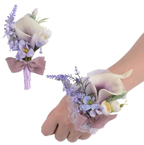 URROMA Handgelenk-Ansteckblume und Knopflochblumen, 1 Set kleine Calla-Lilie, Violette Handblume f黵 Abschlussball, k黱stliches Hochzeitsarmband f黵 Hochzeit, Party, Abschlussball