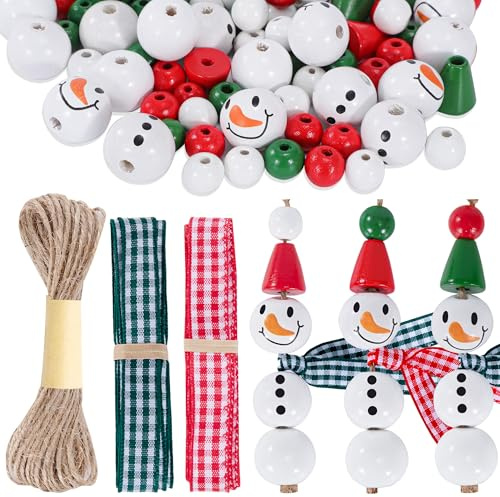 Cuentas de Madera de Navidad, 190 Piezas Bolas De Madera Caras Sonrientes Muñeco Nieve Navideños, Abalorios Madera Natural para Manualidades Decoraciones, Árbol Navidad Colgante Adornos