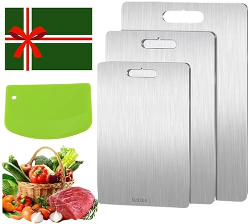 Tabla de corte de titanio, Paquete de 3 tablas de corte de acero inoxidable, Fácil de limpiar, Tabla de corte de grado alimentario de doble cara para carne, fruta, verduras