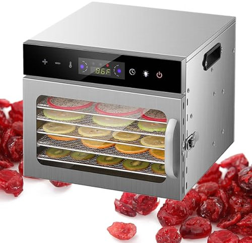 Naturalpowev Déshydrateur Alimentaire, 6/8/12/18 Plateaux empilables en Acier Inoxydable, contrôle de la température, séchoir électrique pour Viande séchée, Fruits, Livre de Recettes Inclus,6-Trays