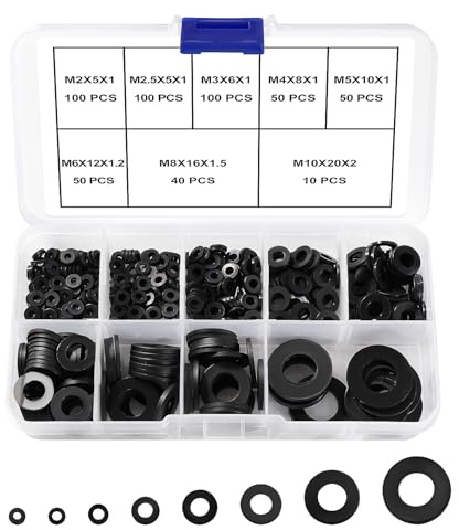 YIXISI 500 Stücke M2 M2.5 M3 M4 M5 M6 M8 M10 Nylon Flache Unterlegscheiben Sortiment Kit, Nylon Flachscheibe, Unterlegscheiben Kunststoff, für Mechanische Industrie Befestigungen, Schwarz