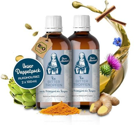 Aura vom Land Bio Premium Bittertropfen Alkoholfrei nach Hildegard von Bingen 2x100ml Set – Hochdosierte Bitterstoffe Komplex als Tropfen – 9 Natürliche Bitterkräuter – Bitter Made in Germany