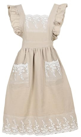 G-LIKE Damen Vintage Schürze Baumwolle Spitze Küchenschürze mit Taschen