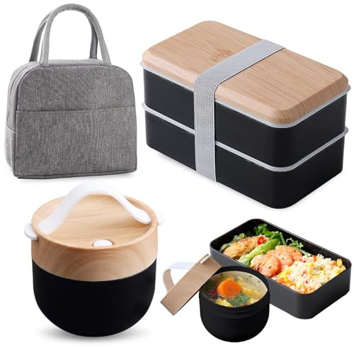 WANDGU Boîte à bento japonaise 1400 ml : boîte à bento pour adultes avec bol à soupe et sac isotherme, boîte à lunch avec compartiments, empilable, pour adultes et enfants, pour le travail et l'école,