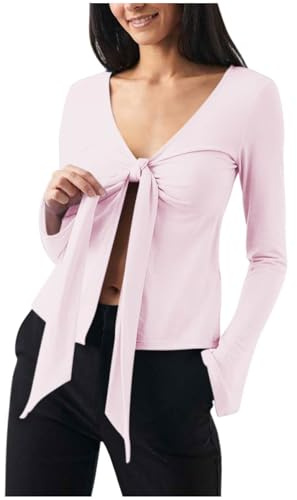 Blusen Damen Bell Langarm Oberteil Slim Fitted V Ausschnitt Top Sommer Outfits Damen Crop T Shirt Y2K Streetwear Hemd Sexy Bow Tie Up Open Front Bluse Tunika