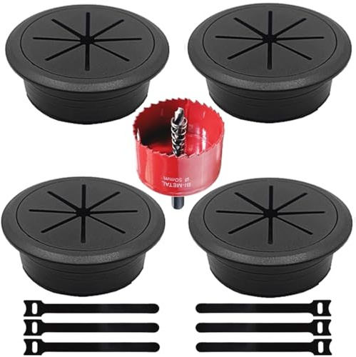 4 Pack Desk Grommet 2 Inch (50 mm), Desk Hole Cover for Cables, Black Desk Cord Hole Cover for Office Home Table, Cable Grommet with 1 Hole Saw Drill Attachment & 6 Cable Ties